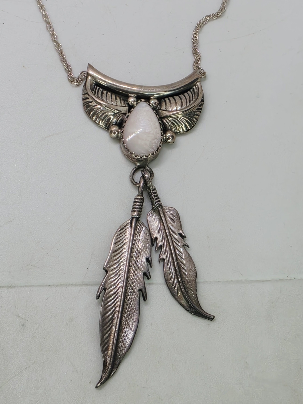 Vintage Native American Sterling Silver MOP White Dangle Feather Necklace Signed